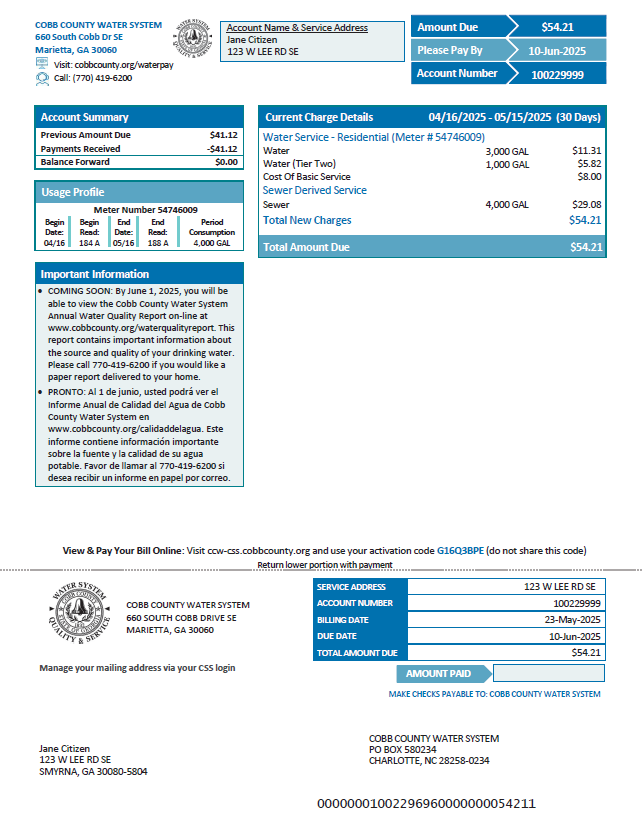 USA Cobb County Water System utility bill template in Word and PDF formats, version 2